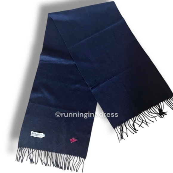 Vintage Cashmere Scarf In Navy Blue With Red Equestrian Knight Design Logo - Picture 8 of 9